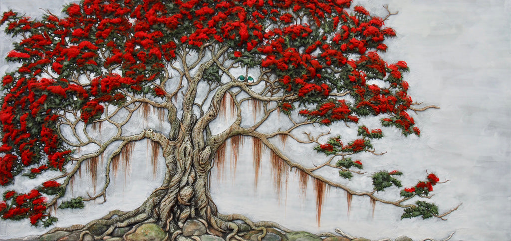 Kereru Christmas in a pohutukawa tree print by Craig Fletcher